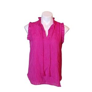 JOIE Womens Fuchsia Fringe Gold Speckles Split Neck Ruffle Trim Tank Top Size XS